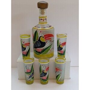 Tropical Toucan Bird Tequila Decanter And Shot Glass Set Hand Painted Frosted 9"